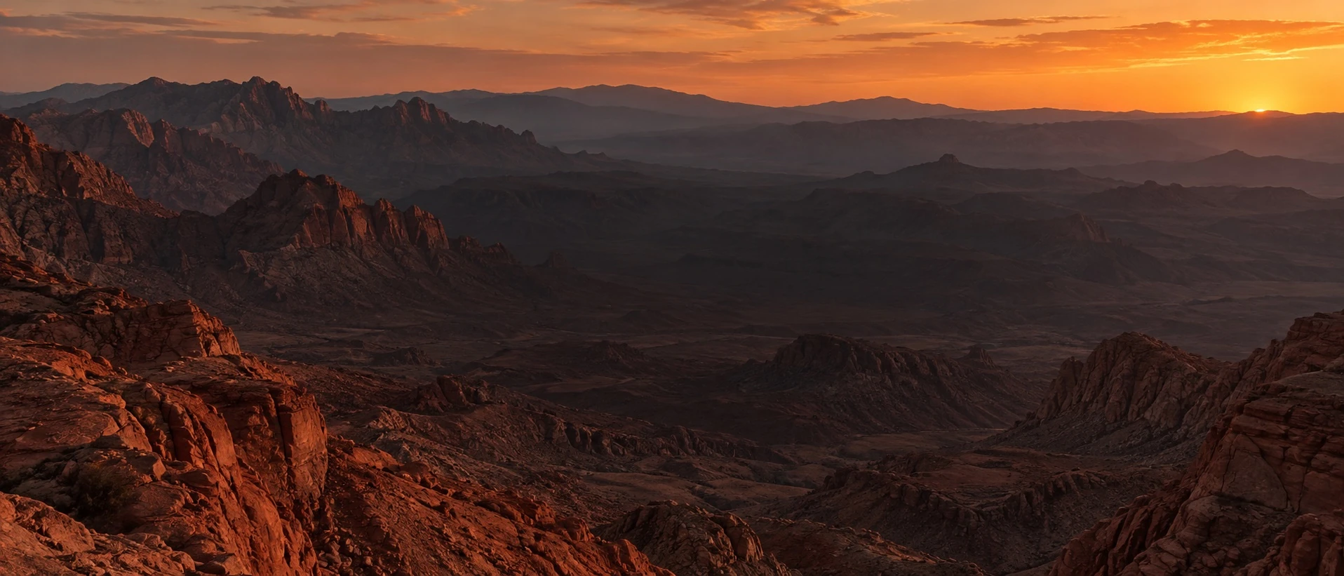 Rocky mountain landscape beneath a warm sunset sky
