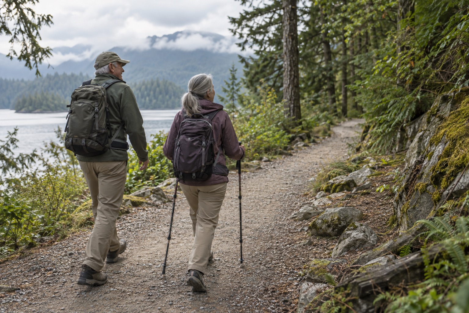Two hikers walking together along a wooded lakeside trail