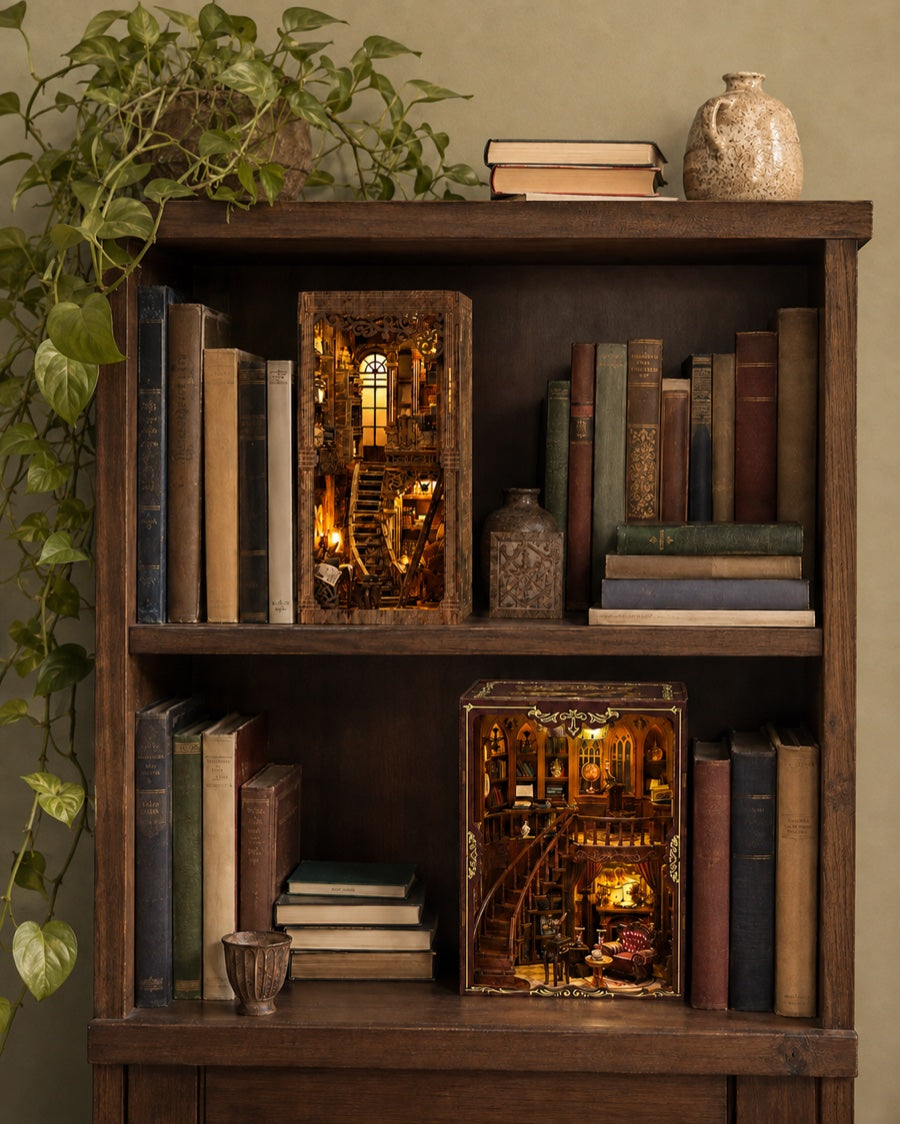 Two illuminated book nook kits displayed among books on a shelf