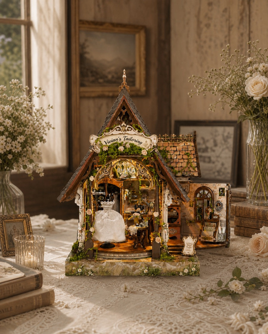 A miniature dressmaking studio with warm interior lighting