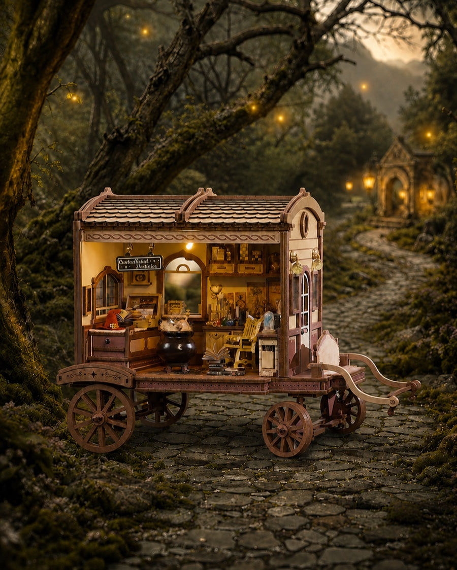A wooden miniature wagon on a woodland cobblestone path