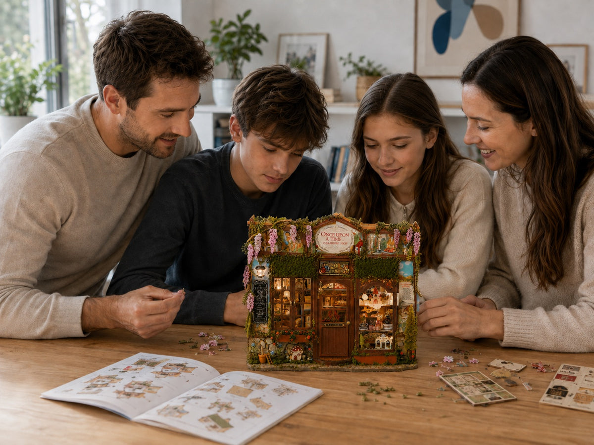 A family building a miniature kit together