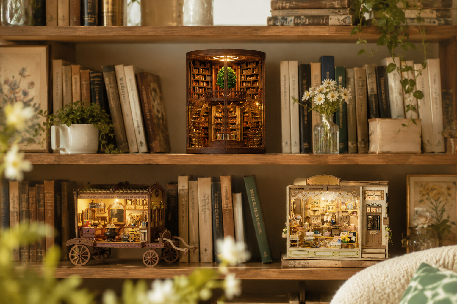 A warmly lit miniature house scene