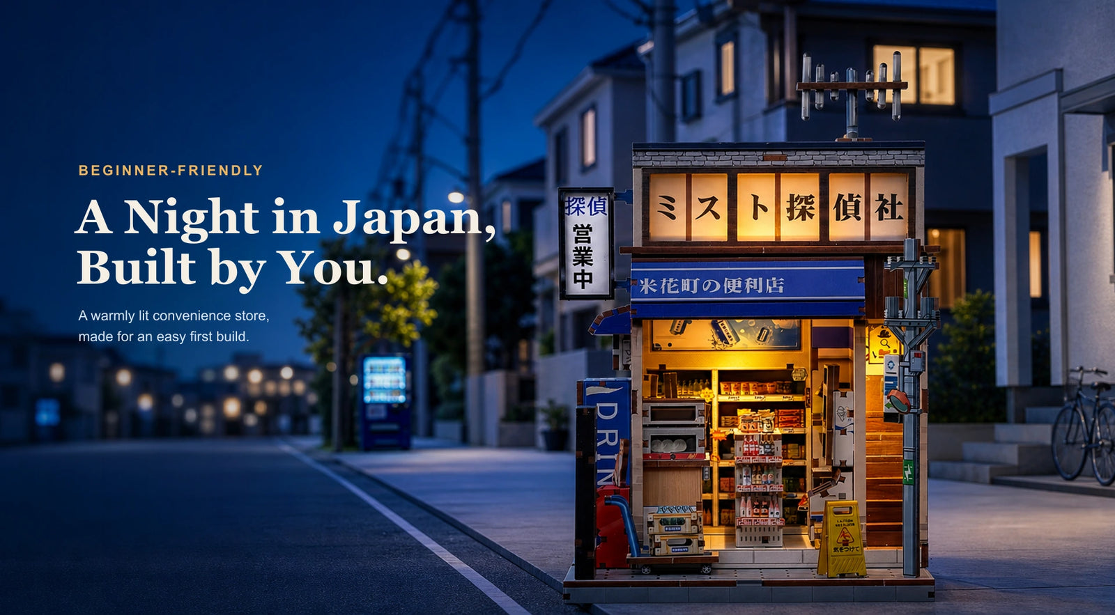 A miniature book nook glowing in a nighttime room