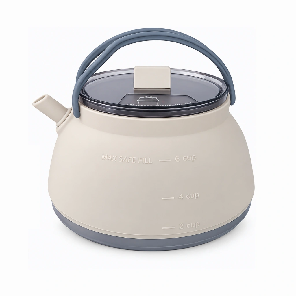 Collapsible camping kettle, khaki, folded flat with vented lid