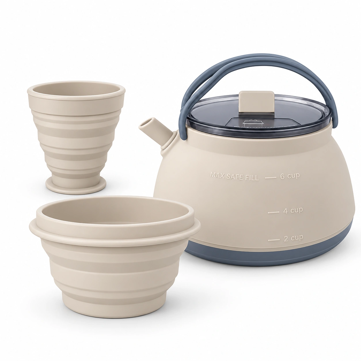 Collapsible camping kettle and cup 3-piece set, khaki
