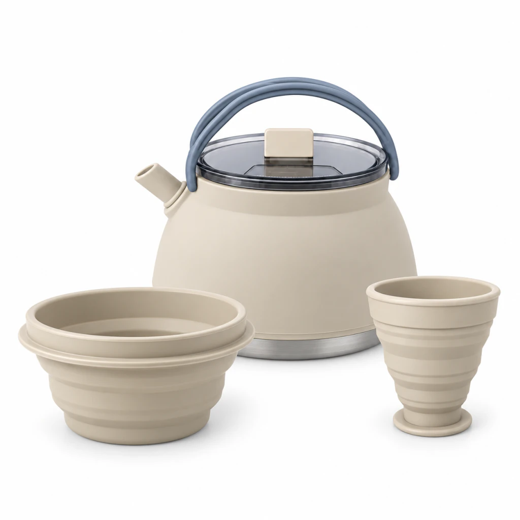 Collapsible camping kettle set, Khaki, kettle, bowl and cup