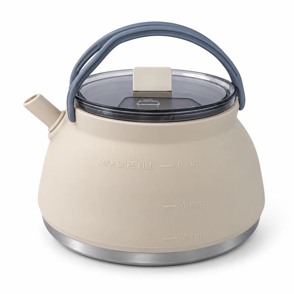 Khaki collapsible camping kettle, expanded with lid and handle