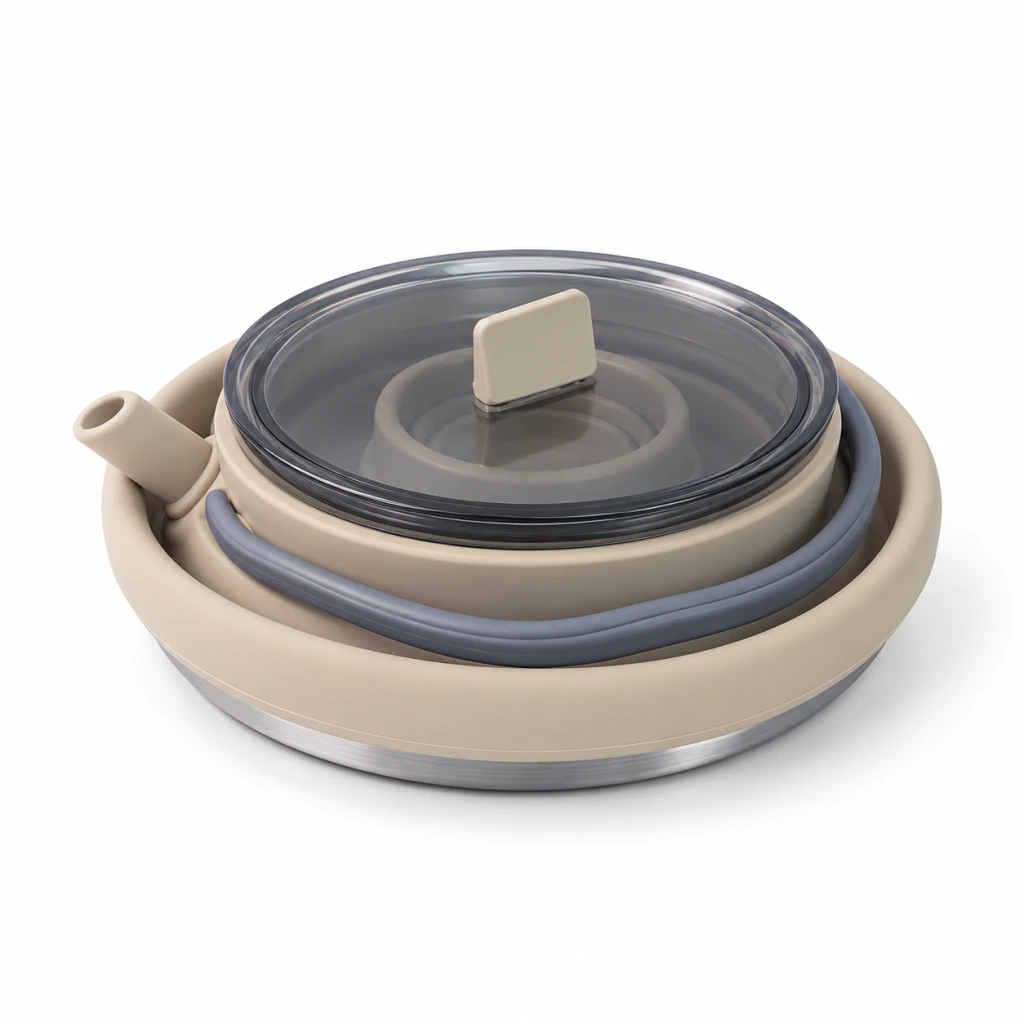 Collapsible camping kettle set, Khaki, kettle folded with lid
