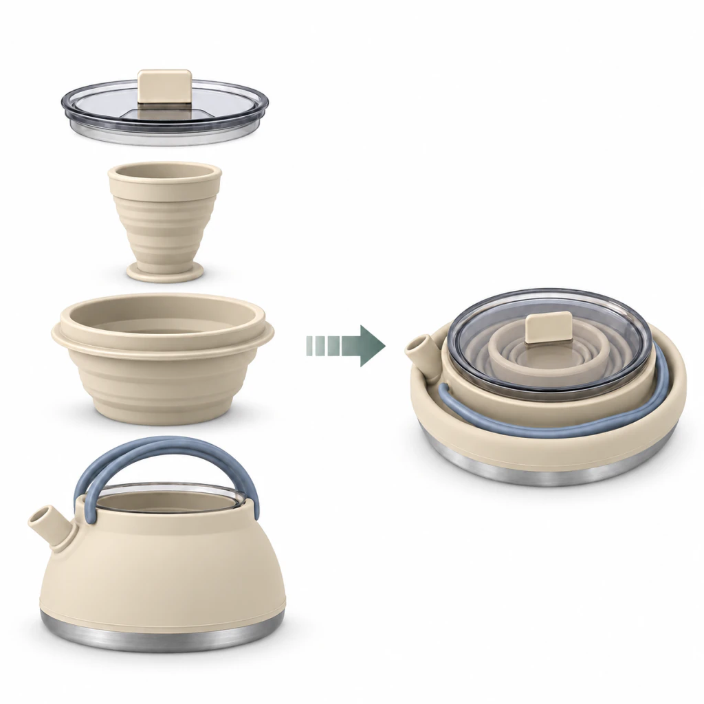Collapsible camping kettle set, Khaki, parts shown separately and nested