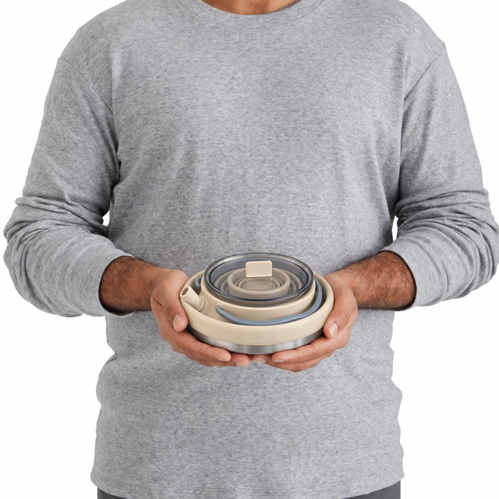 Collapsible camping kettle set, Khaki, folded in a person's hands
