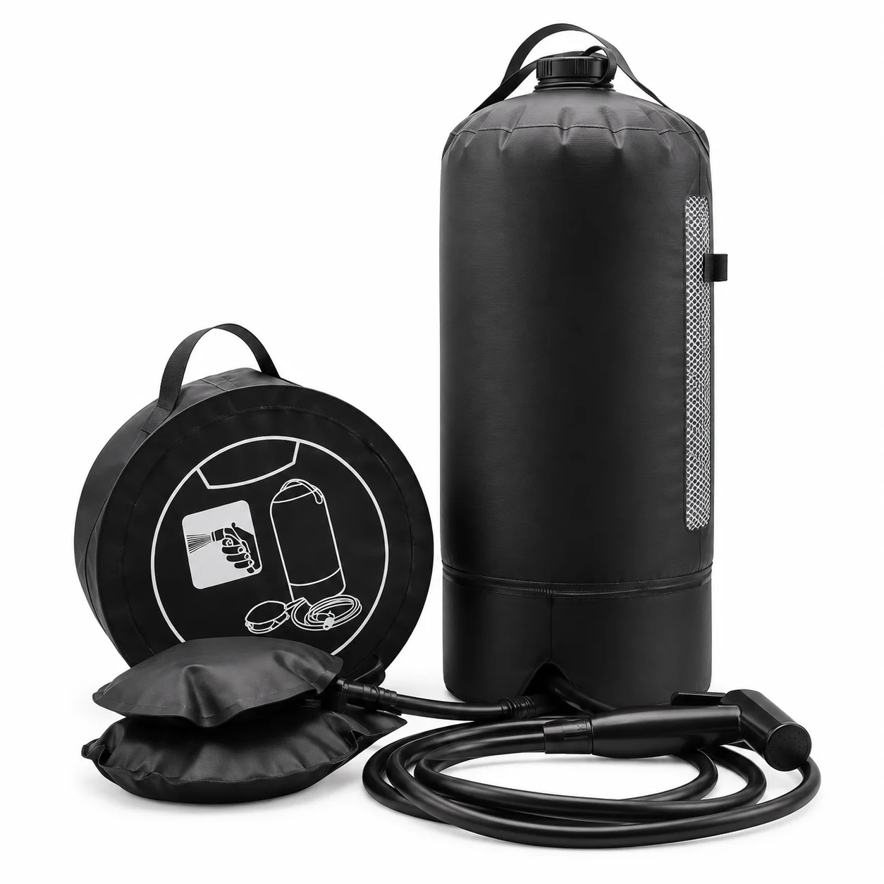 Black collapsible camping shower kit with water bag, foot pump, hose, nozzle and carry case