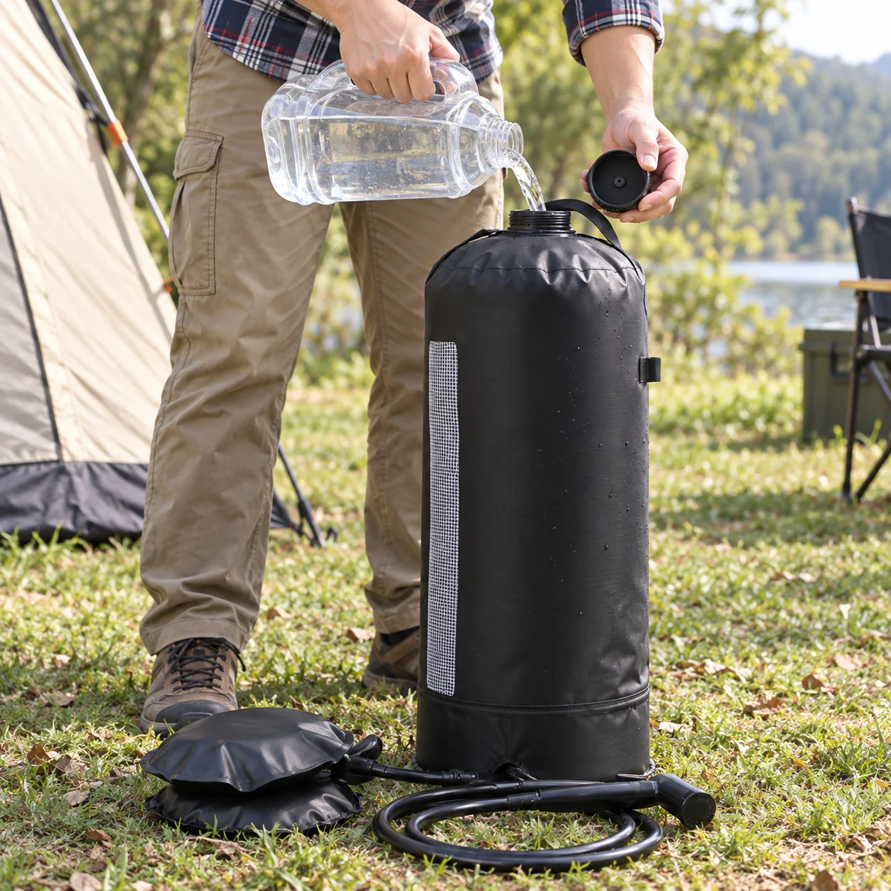 Filling the black collapsible camping shower through the top opening outdoors