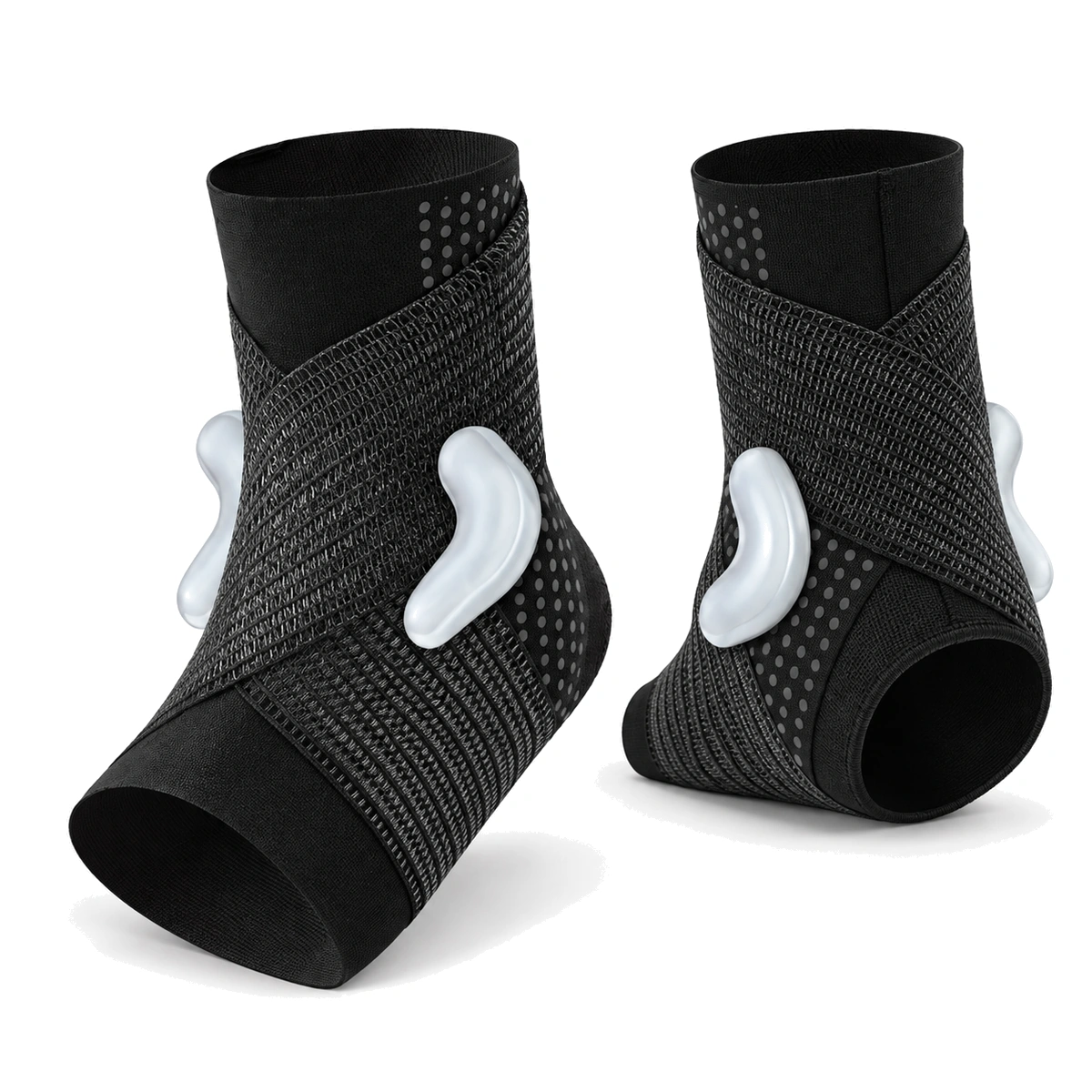 Pair of black ankle support braces with crossed wraps and silicone side pads