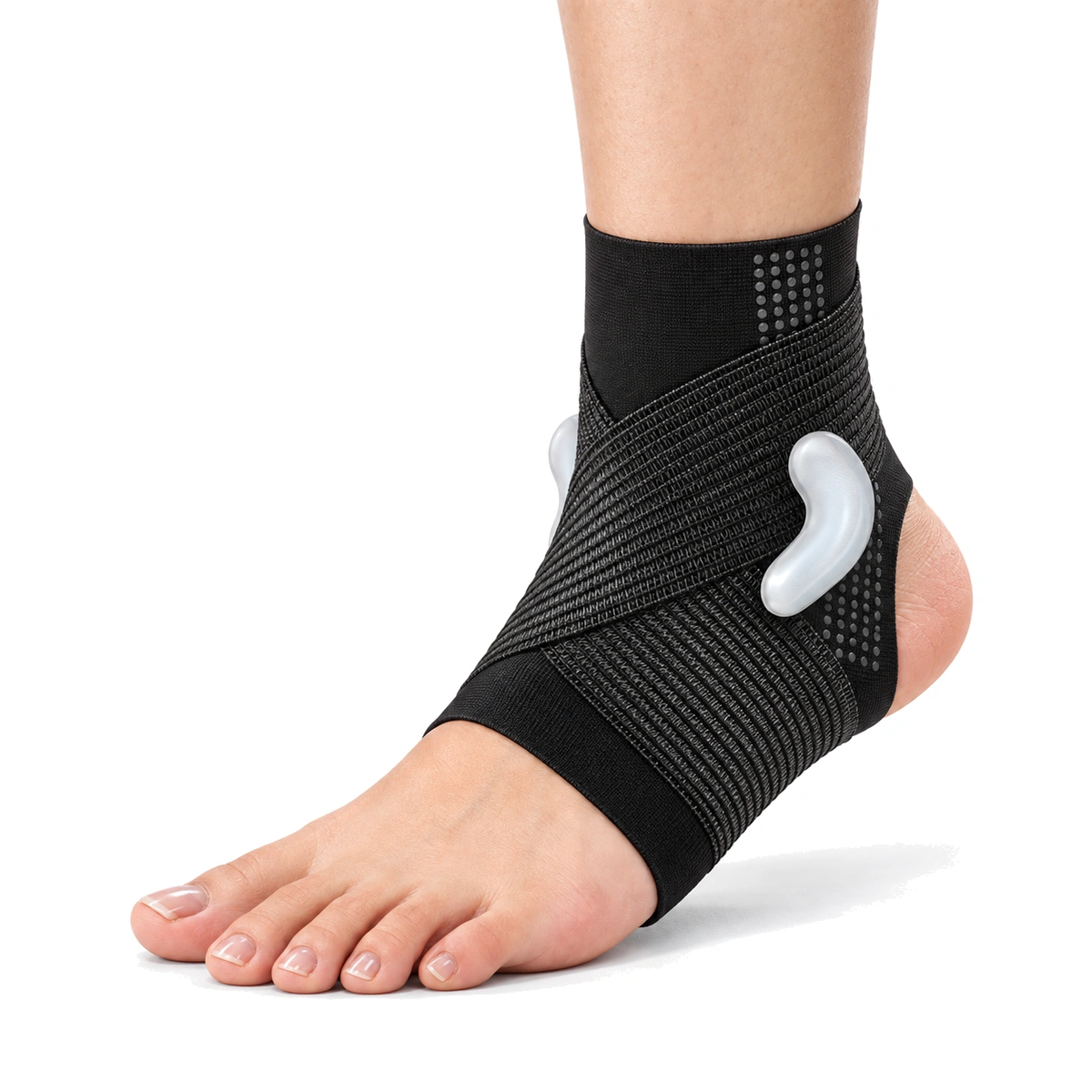 Black ankle brace worn on a foot, showing open toes, heel and side pad