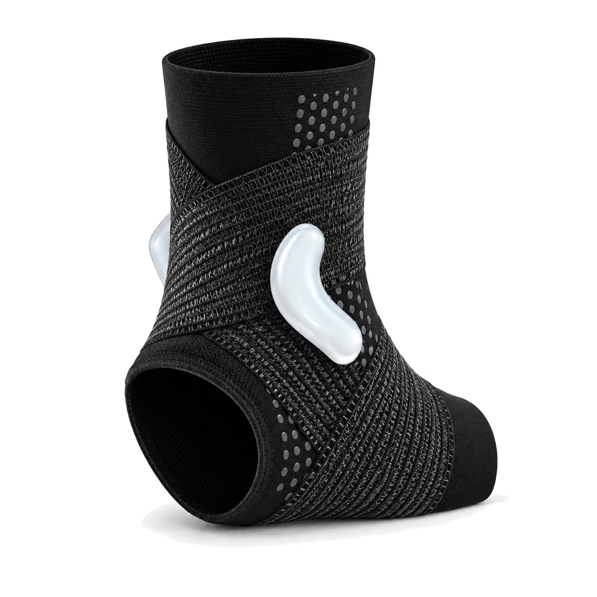Rear view of a black ankle brace showing its open heel and crossed wrap