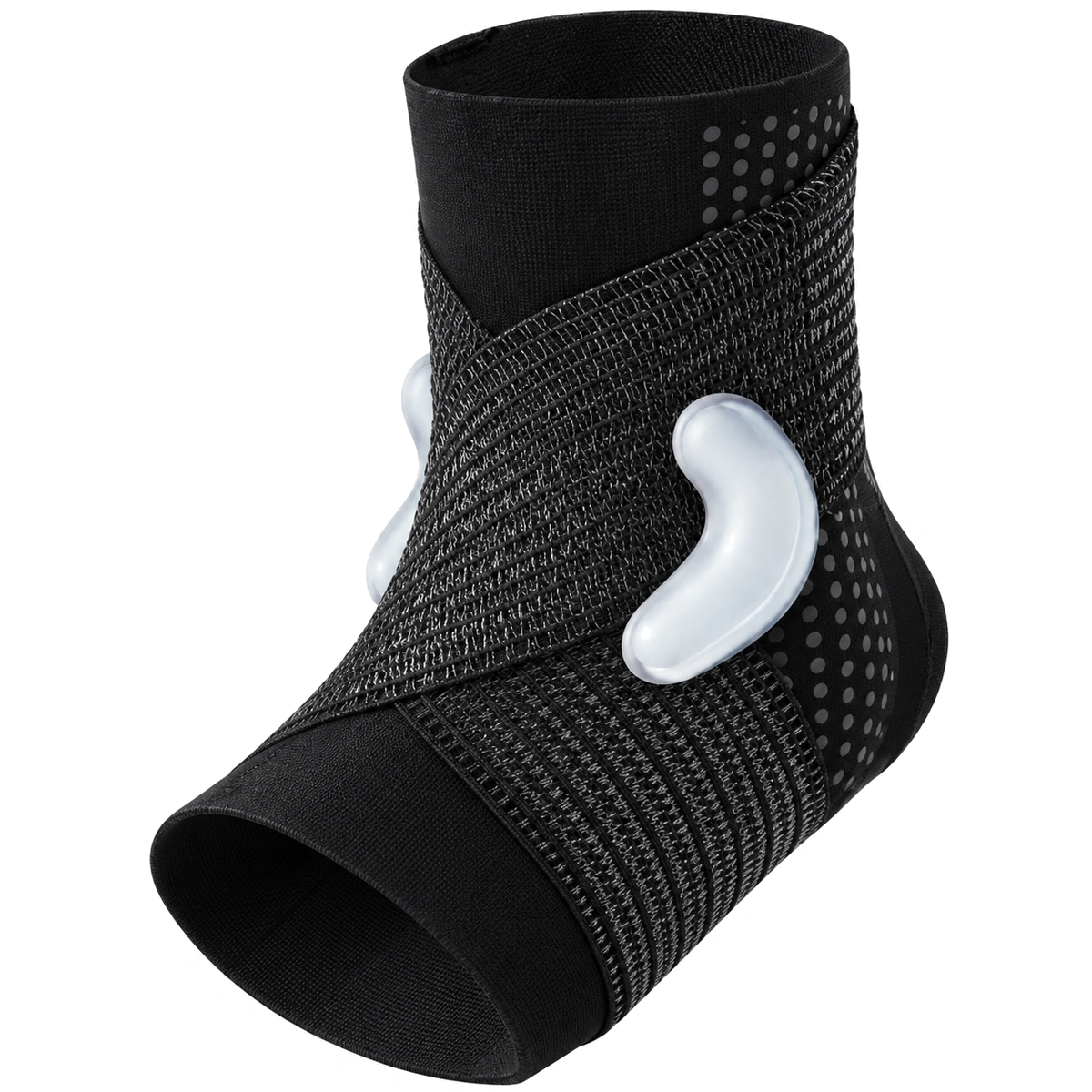 Close view of the curved silicone side pad on a black ankle brace