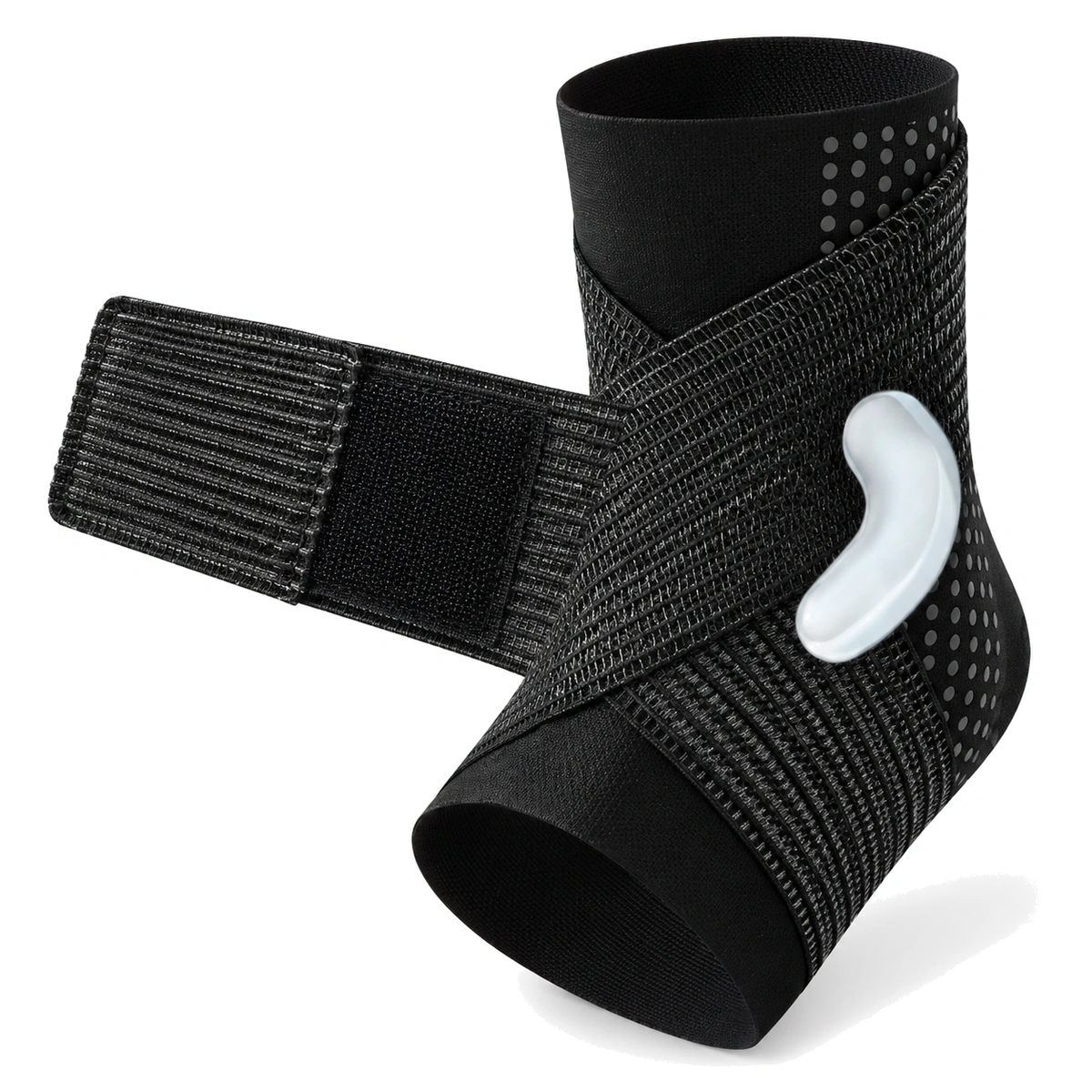 Black ankle brace with an adjustable elastic strap opened to show the closure