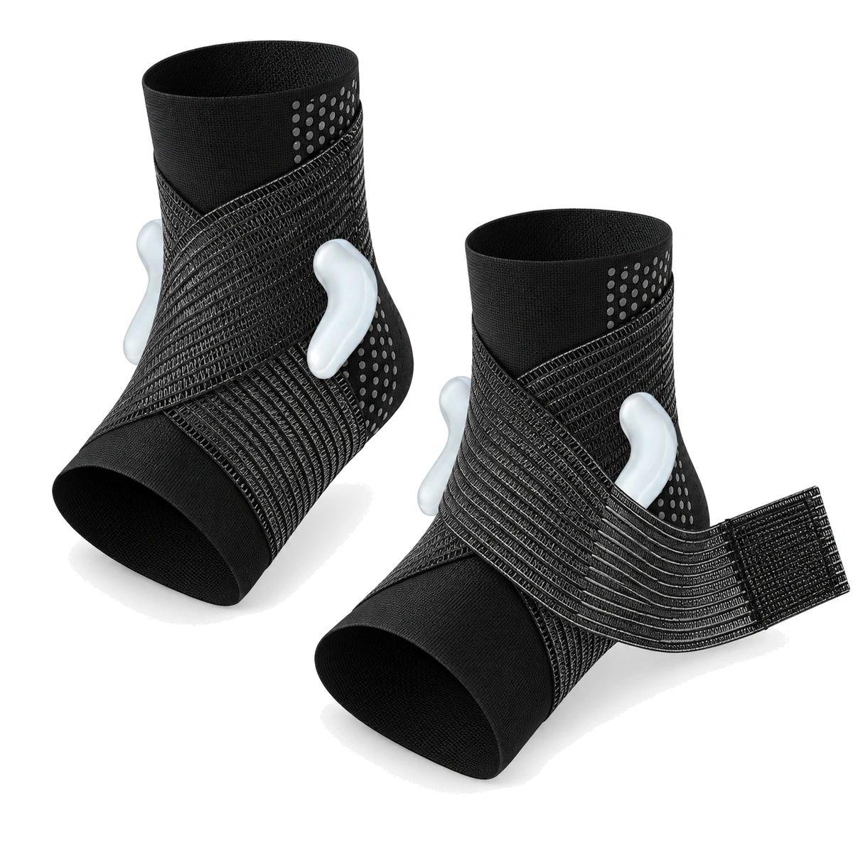 Pair of black ankle braces, one with its wrap strap loosened