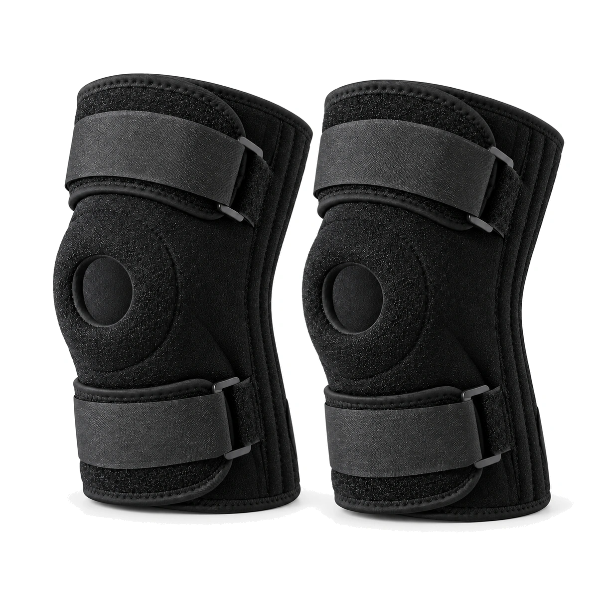 Pair of black adjustable knee braces with open patella and two straps each