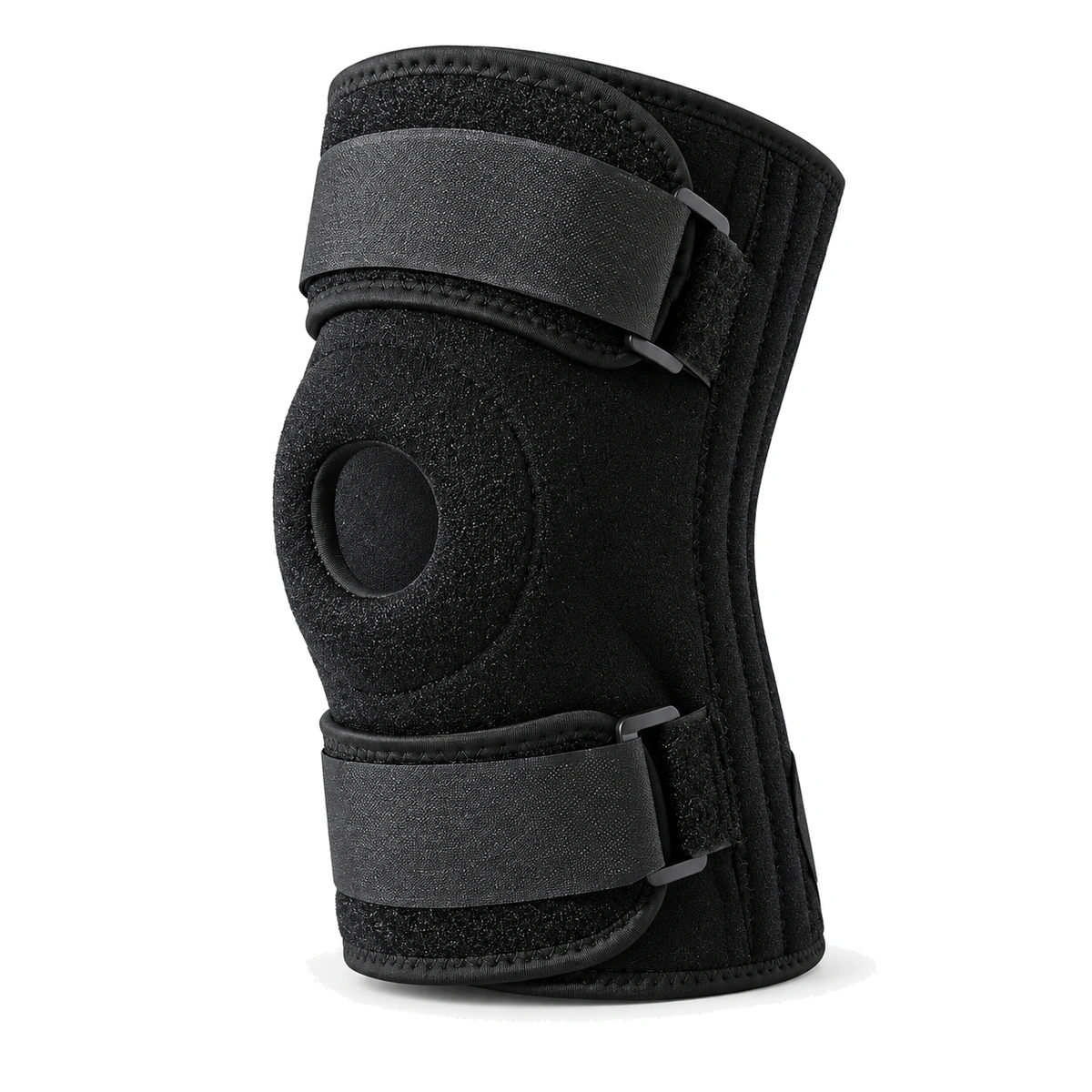 Single black adjustable knee brace with open patella and two straps