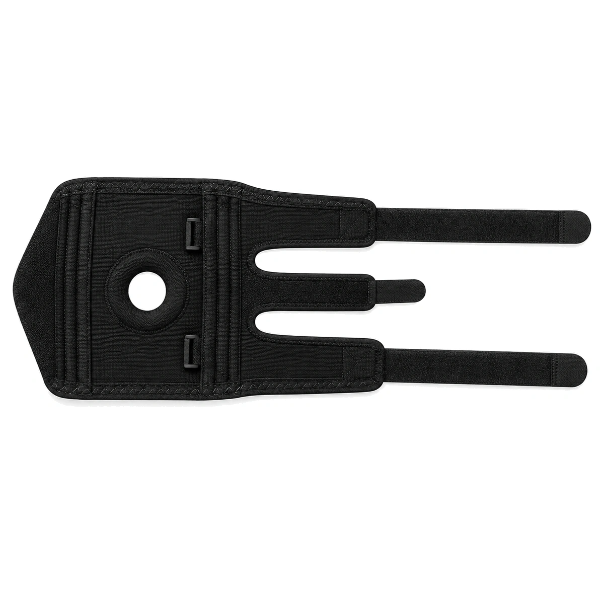 Black knee brace laid open to show its wrap and fastening straps