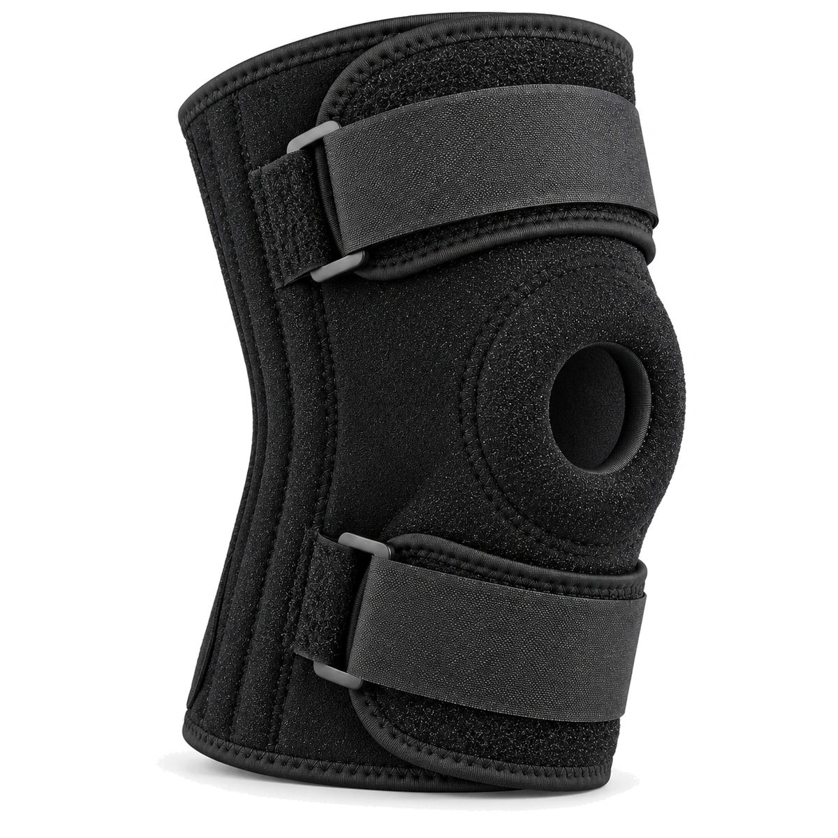 Angled view of the two adjustable straps and side of a black knee brace