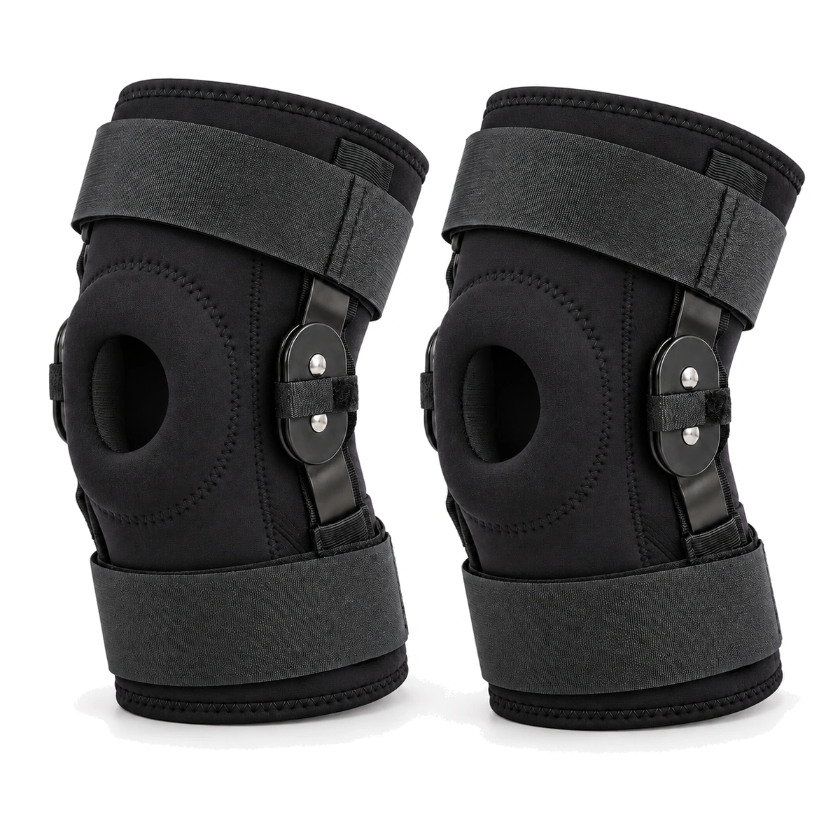 Pair of black hinged knee braces with padded openings and side supports
