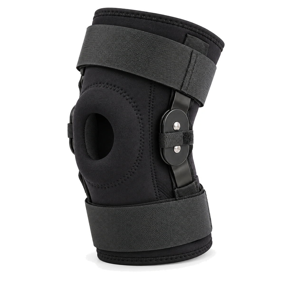 Black hinged knee brace showing a padded kneecap opening and side pivot