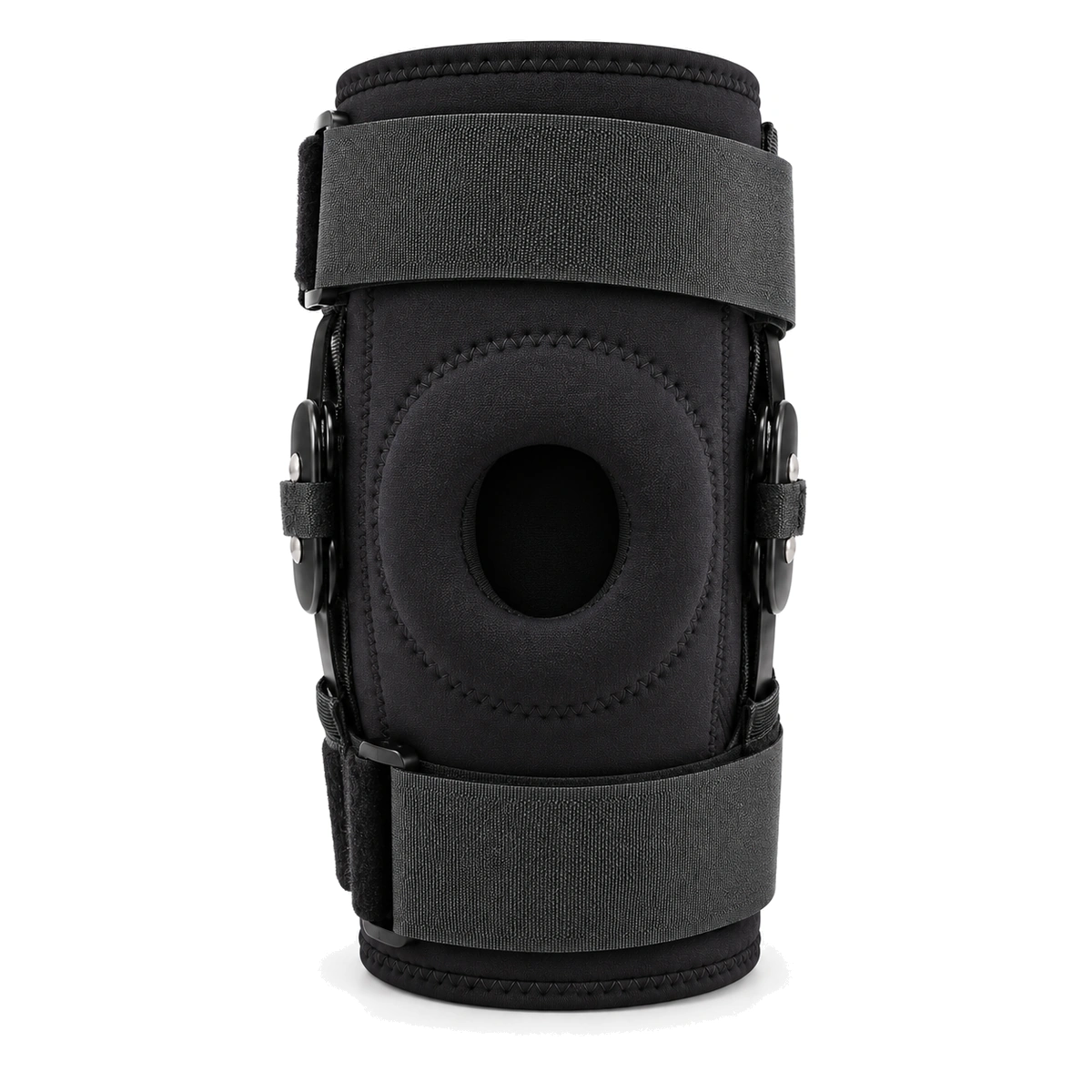 Front view of a black knee brace with two straps and supports at both sides