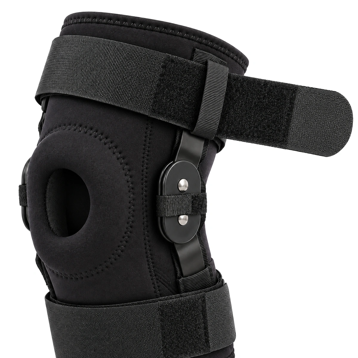 Black knee brace with upper hook-and-loop strap opened to show fastening